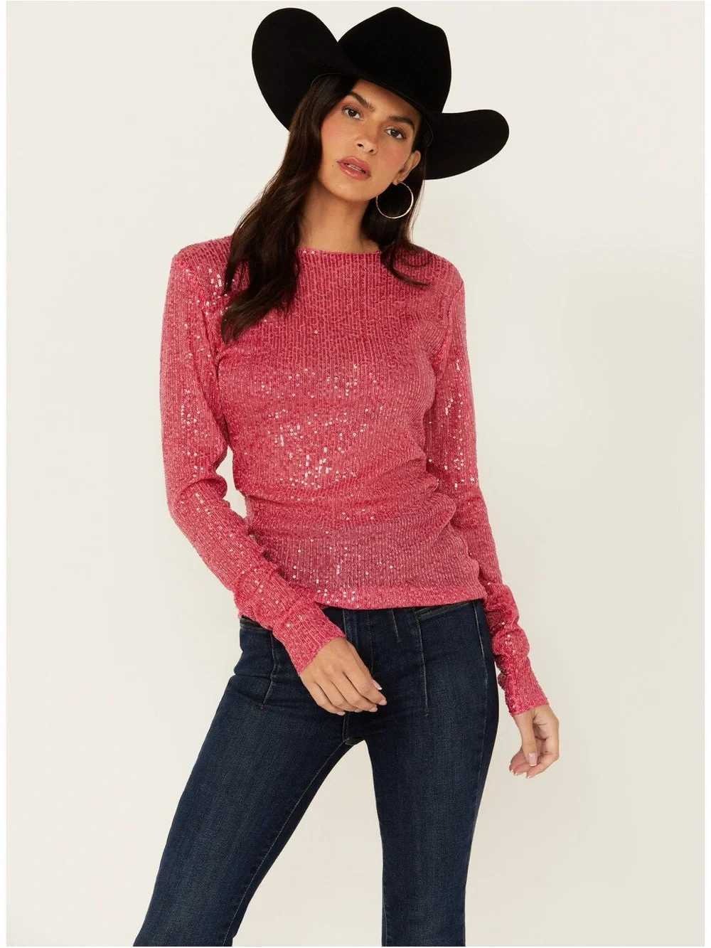 Free People Women’s Sequined Hot Pink Rush Long Sleeve Top - Large